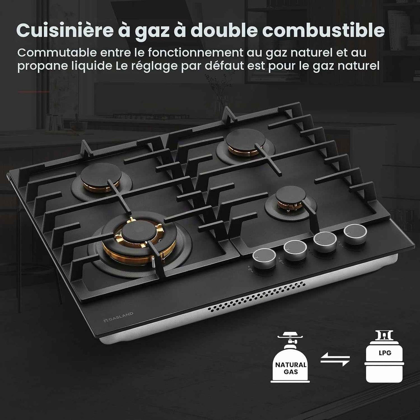 PRO GH2604BG1FC Plaque De Cuisson 4 Feux En Verre, Table De Cuisson Avec Boutons Éclairés, 60 Cm Avec Brûleurs En Laiton, Compatible Butane, 8000 W