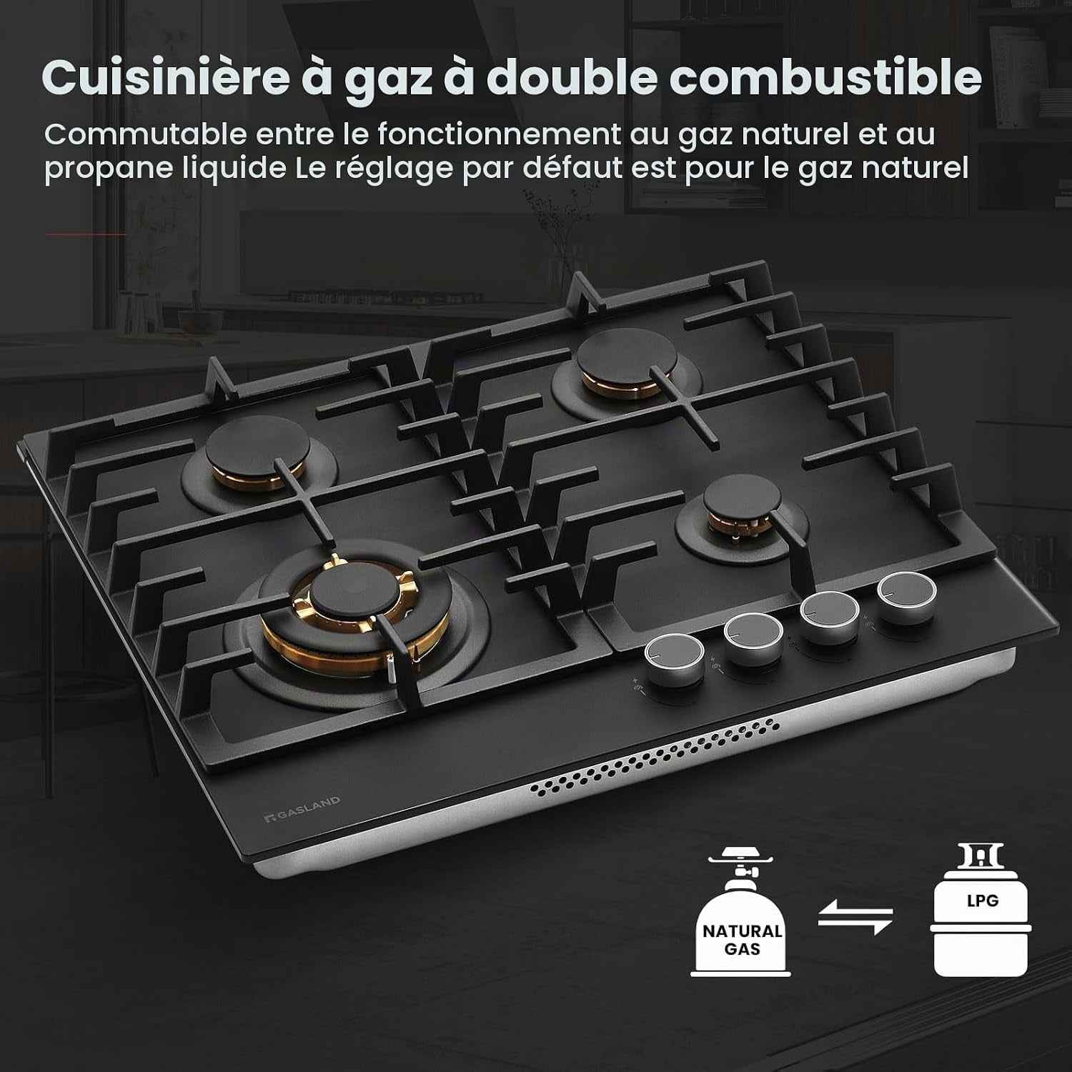 PRO GH2604BG1FC Plaque De Cuisson 4 Feux En Verre, Table De Cuisson Avec Boutons Éclairés, 60 Cm Avec Brûleurs En Laiton, Compatible Butane, 8000 W