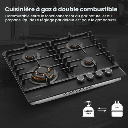 PRO GH2604BG1FC Plaque De Cuisson 4 Feux En Verre, Table De Cuisson Avec Boutons Éclairés, 60 Cm Avec Brûleurs En Laiton, Compatible Butane, 8000 W