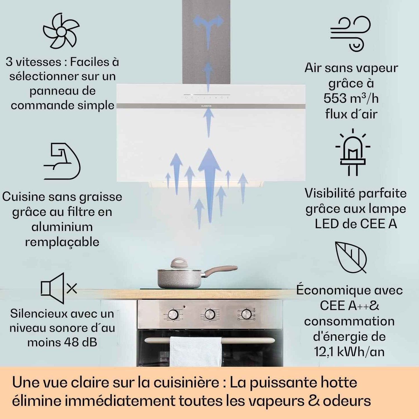 Hotte Aspirante 90Cm, Hottes De Cuisine, Filtre De Hotte À Graisse En Aluminium, Débit D'Air Puissant 514 M³/H Et Silencieux, Eclairage LED, Hottes Aspirantes Dégraissante, Wi-Fi, Class A++