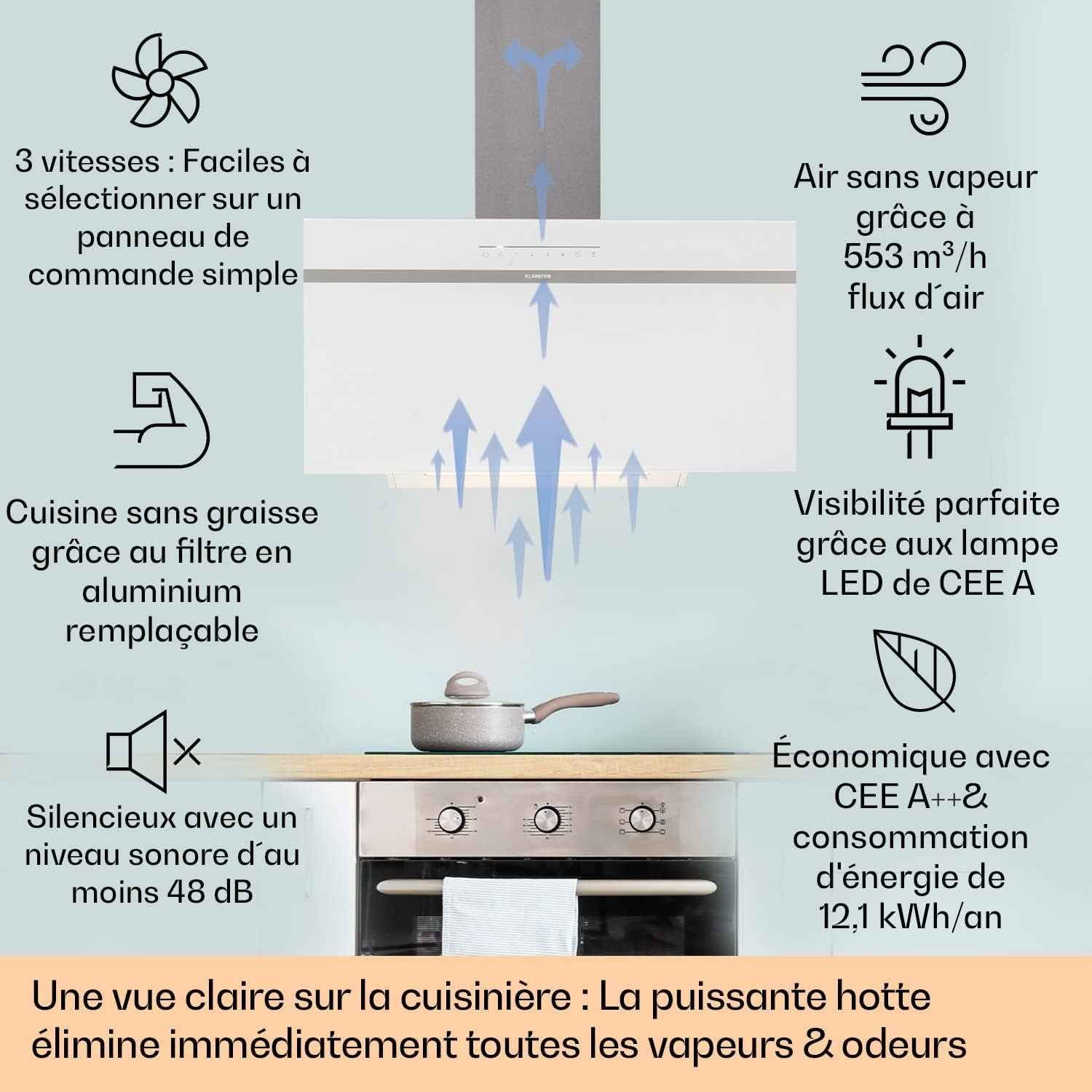 Hotte Aspirante 90Cm, Hottes De Cuisine, Filtre De Hotte À Graisse En Aluminium, Débit D'Air Puissant 514 M³/H Et Silencieux, Eclairage LED, Hottes Aspirantes Dégraissante, Wi-Fi, Class A++