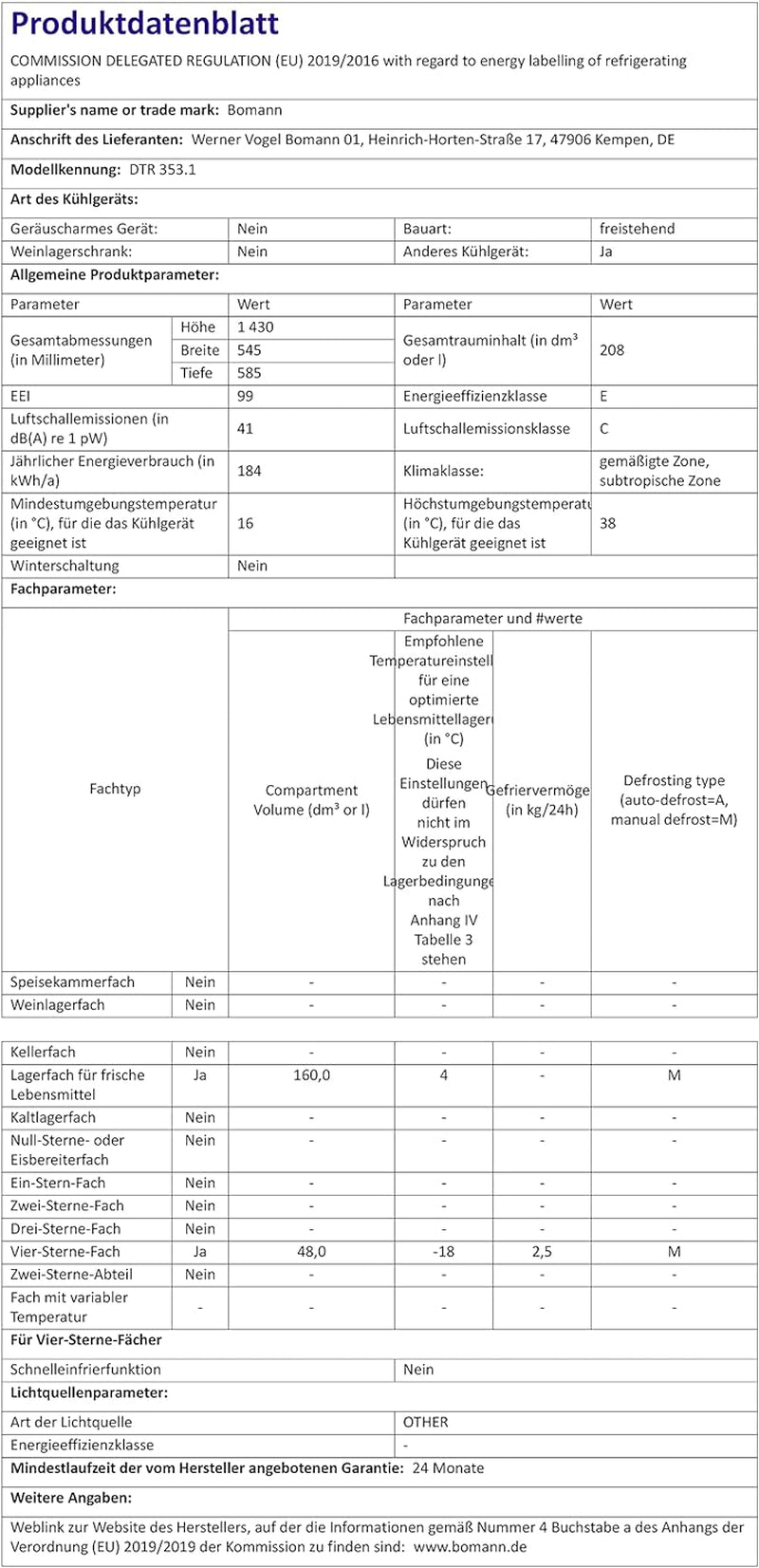 Bomann DTR 353 Réfrigérateur-Congélateur Autoportante 208 L E Blanc