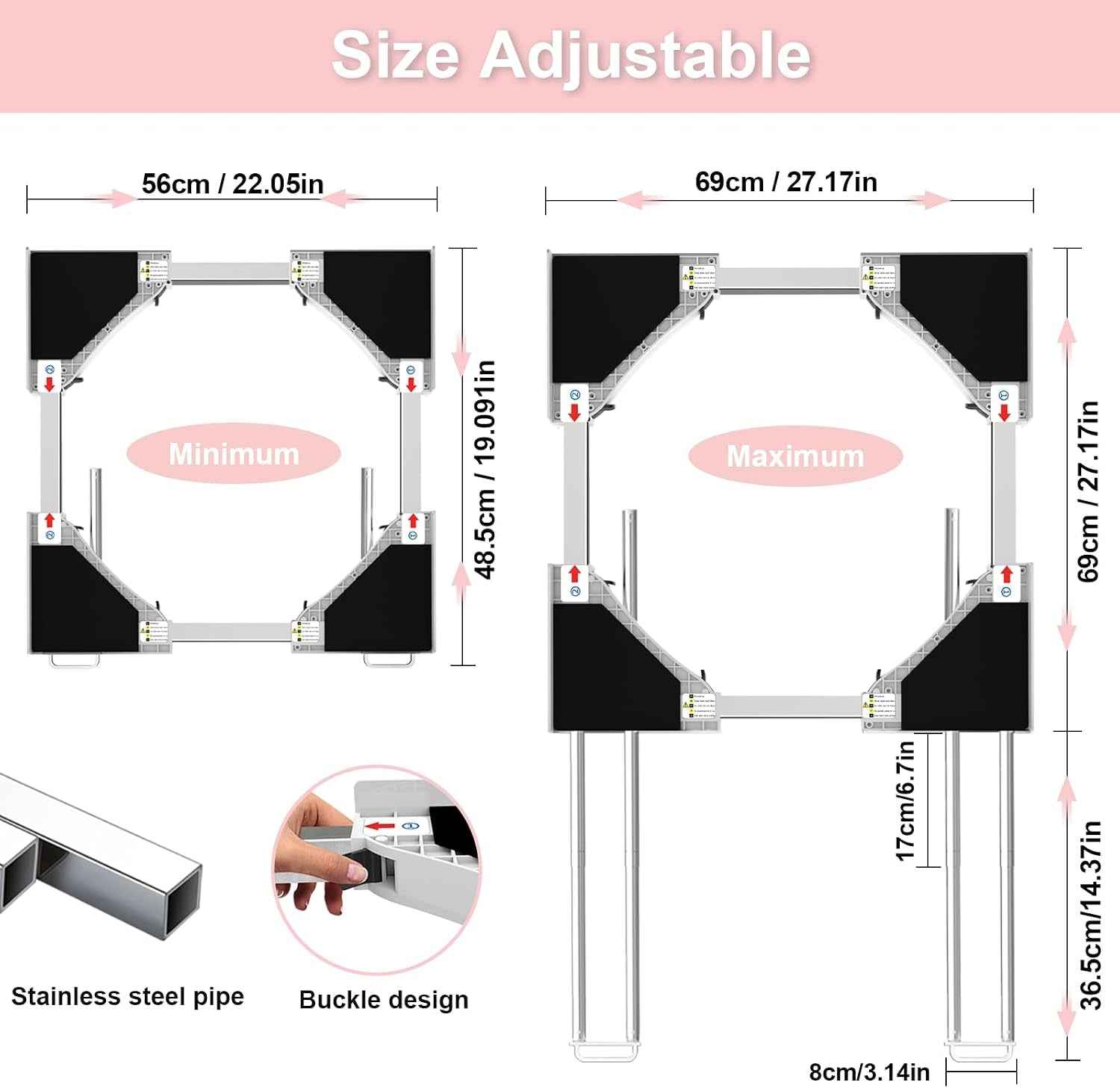 Kit De Superposition Universel, Avec 4 Tiges Télescopiques | Universel Cadre Intermédiaire Pour Lave-Linge Et Sèche-Linge Avec Corde À Cliquet, Taille Réglable（46-66Cm）