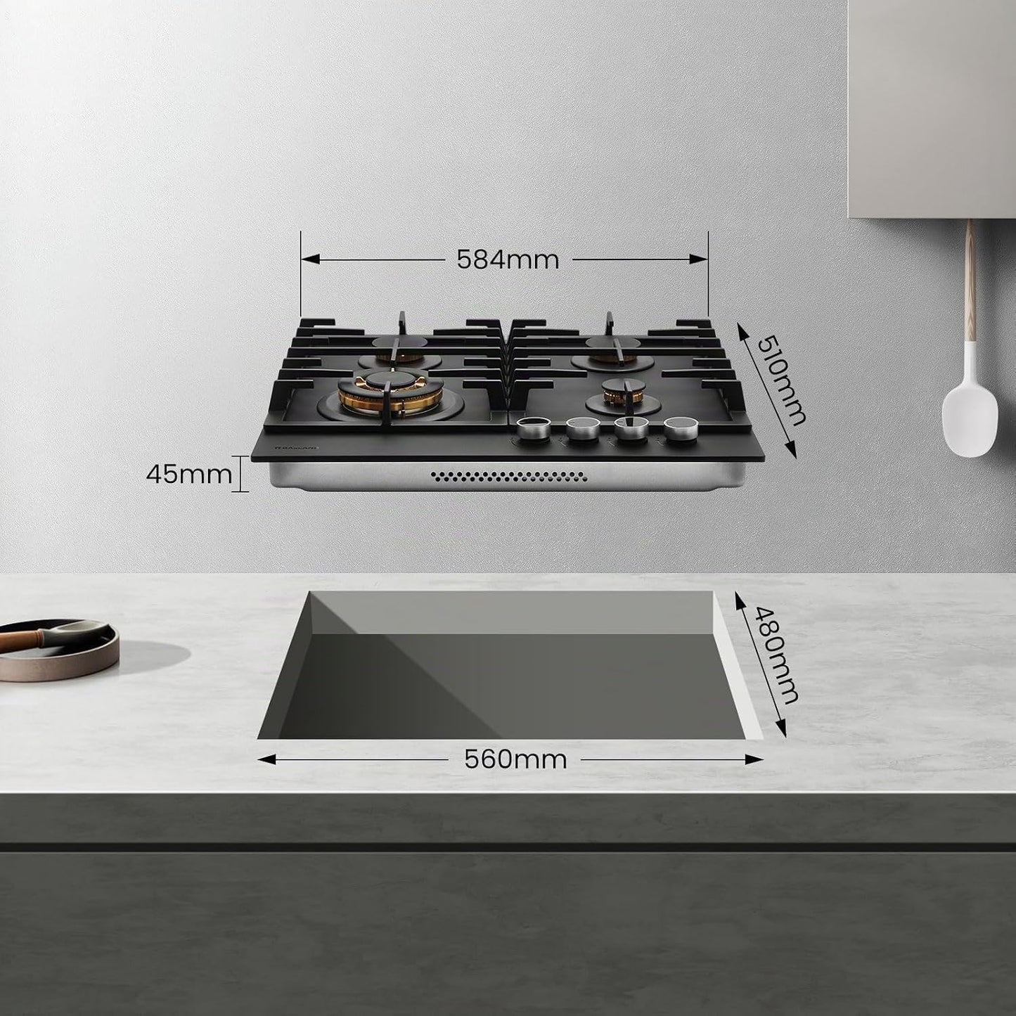 PRO GH2604BG1FC Plaque De Cuisson 4 Feux En Verre, Table De Cuisson Avec Boutons Éclairés, 60 Cm Avec Brûleurs En Laiton, Compatible Butane, 8000 W