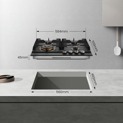 PRO GH2604BG1FC Plaque De Cuisson 4 Feux En Verre, Table De Cuisson Avec Boutons Éclairés, 60 Cm Avec Brûleurs En Laiton, Compatible Butane, 8000 W