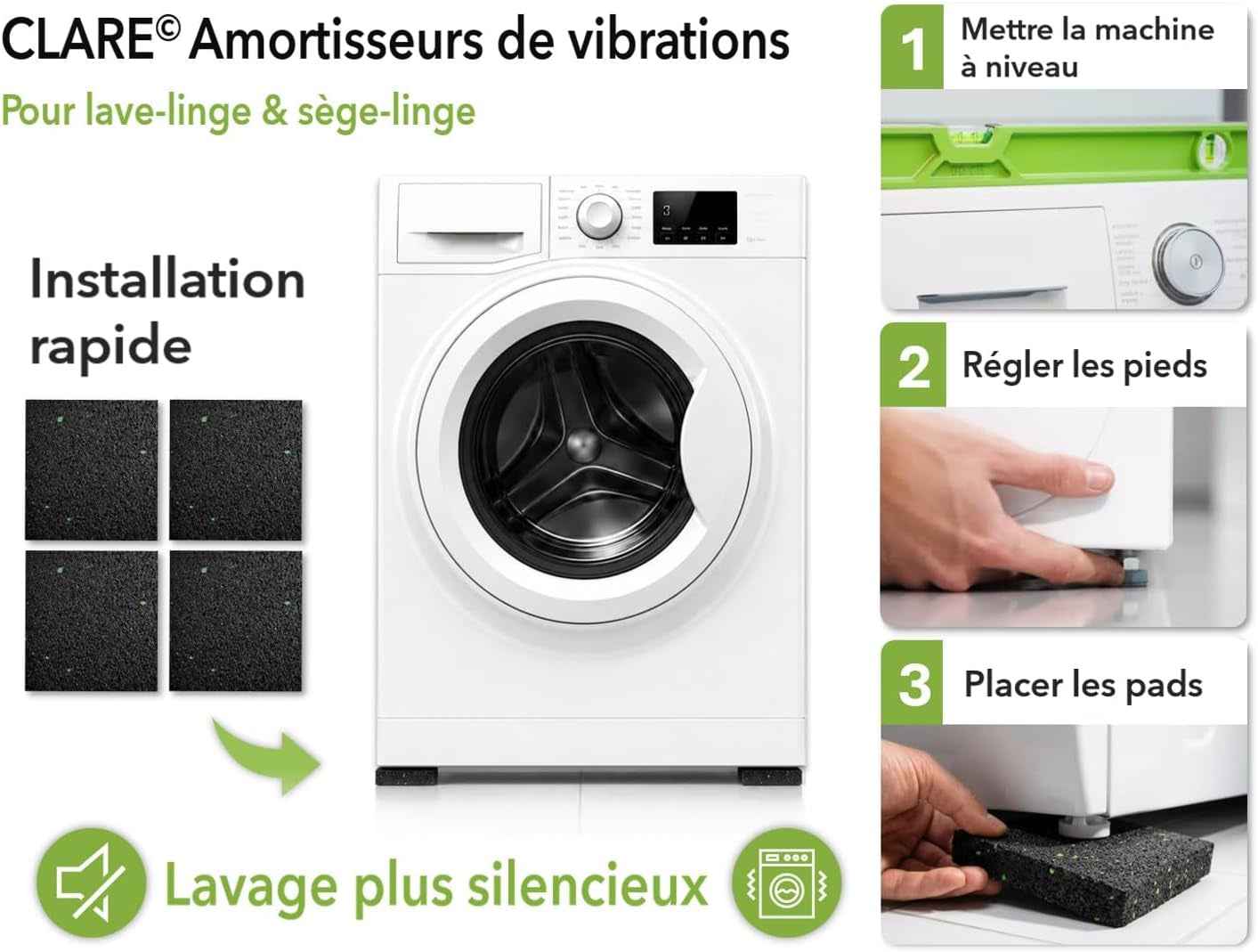Tapis anti Vibration Machine À Laver Et Pieds Antivibrants | Stabilisateur Machine À Laver | Réduit Bruit Et Vibrations | Patins Antidérapants Haute Qualité | Lot De 4 Pièces