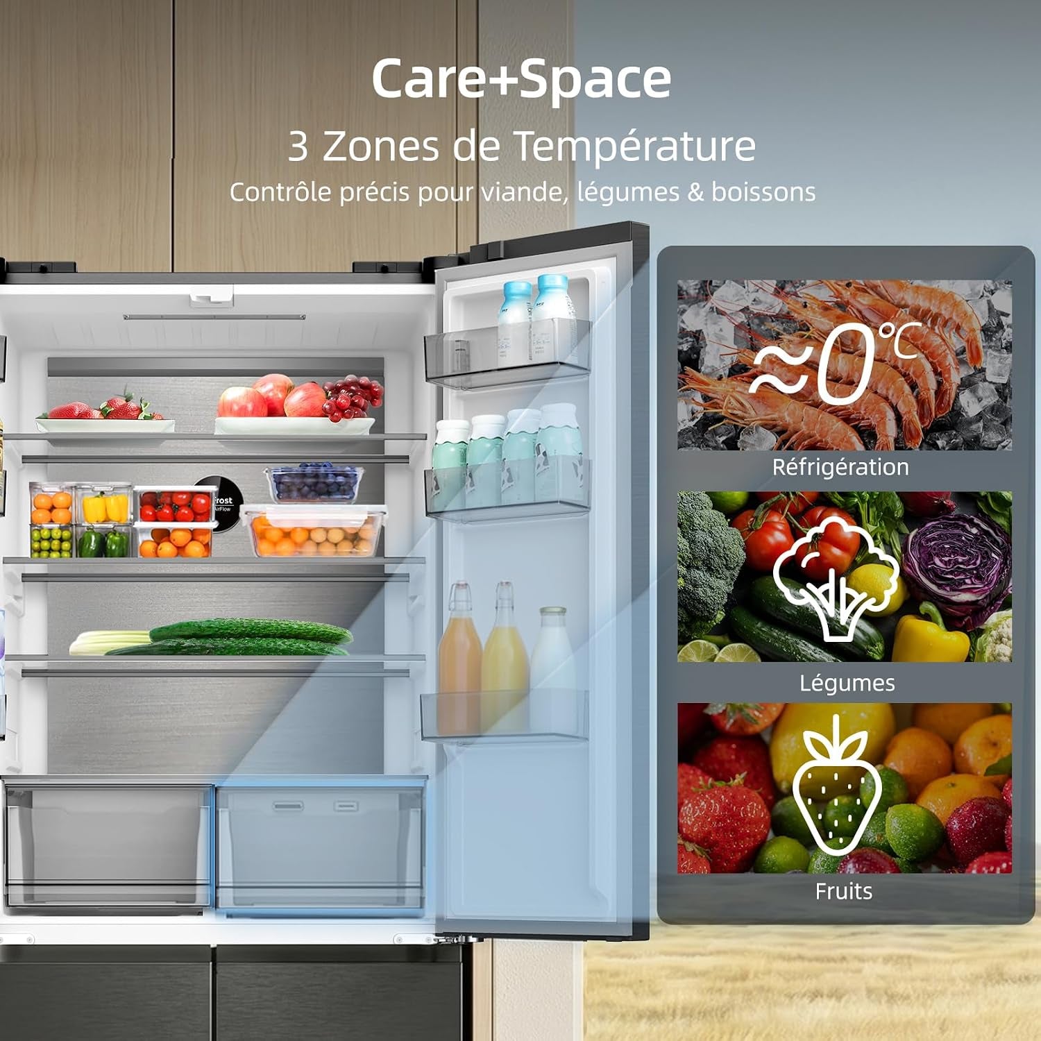 458L Frigo Américain 4 Portes Total No Frost Noir (CCD460NGE) | Silencieux 37Db, Froid Ventilé, Système Multiairflow, Congélateur -32°C, Zone Care + Space,Profondeur 600Mm
