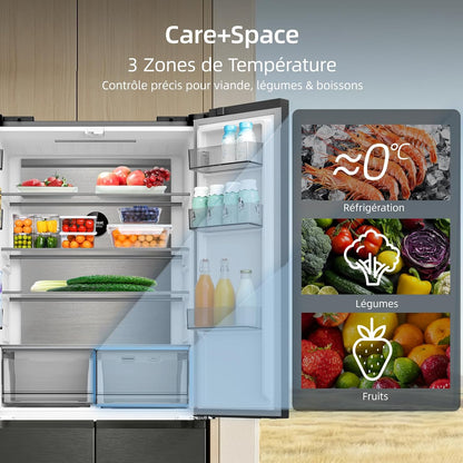 458L Frigo Américain 4 Portes Total No Frost Noir (CCD460NGE) | Silencieux 37Db, Froid Ventilé, Système Multiairflow, Congélateur -32°C, Zone Care + Space,Profondeur 600Mm