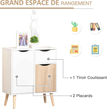 Buffet Meuble De Rangement Design Scandinave Blanc Chêne Clair | 2 Placards, Tiroir Coulissant, Bois