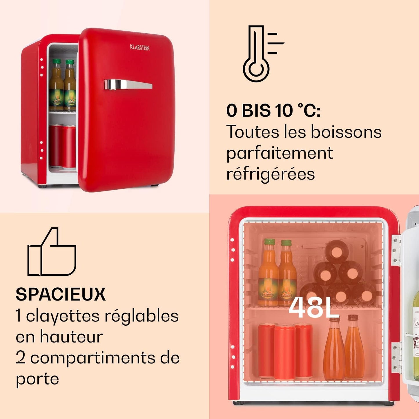 Mini Frigo De Chambre De 48L Pour Snacks Et Boissons, Petit Frigo Top Silencieux, Mini Bar, Petit Réfrigérateur Camping, Mini Frigo Cosmetique, Refrigerateur Avec Étagères Réglables, 0-10°C