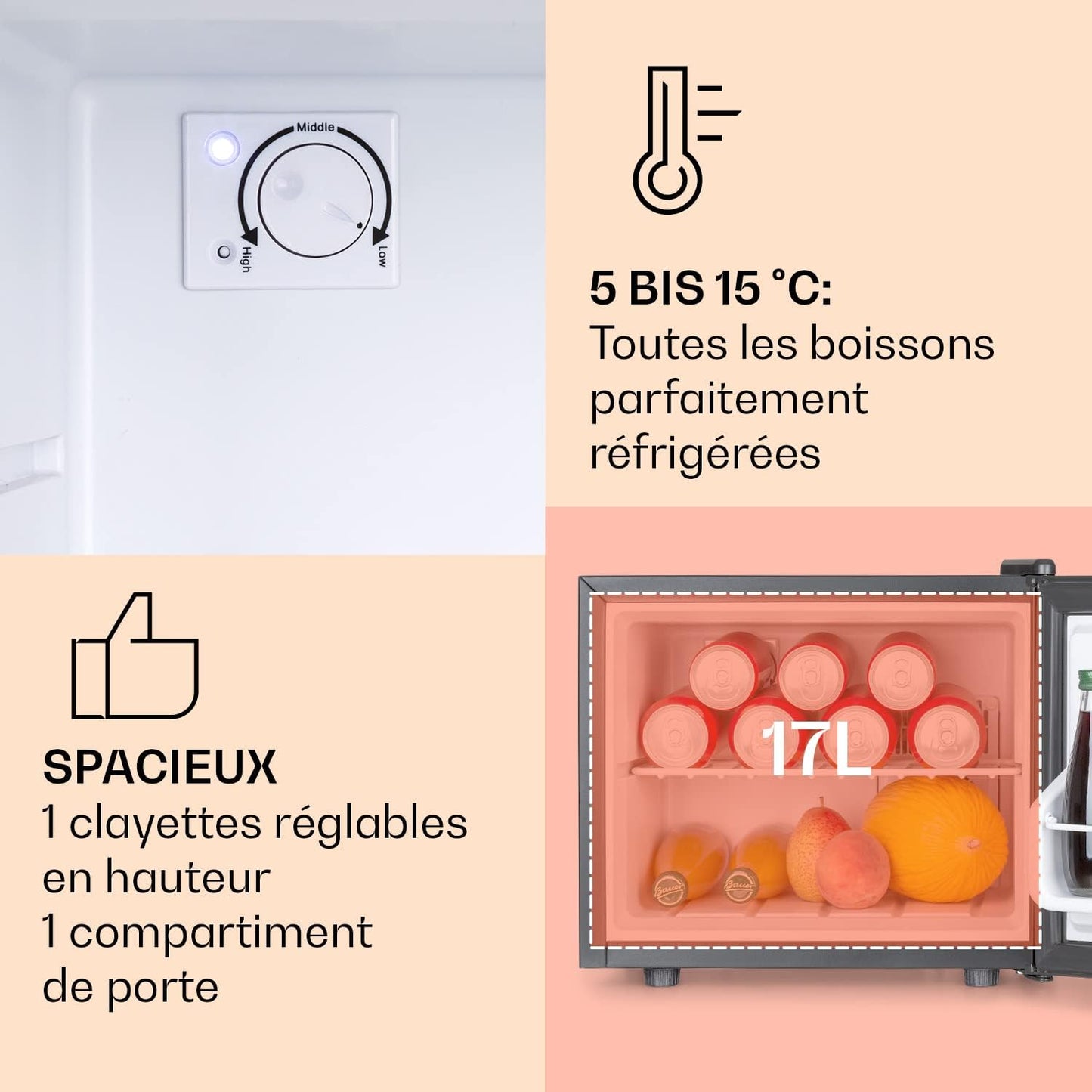 Mini Frigo De Chambre Pour Boissons, Petit Frigo Silencieux, Mini Bar Intérieur, Bières, Vins, Petit Refrigerateur Camping, 3 Niveaux De Refroidissement, Frigo Cosmetique, 0-15°C, 17L