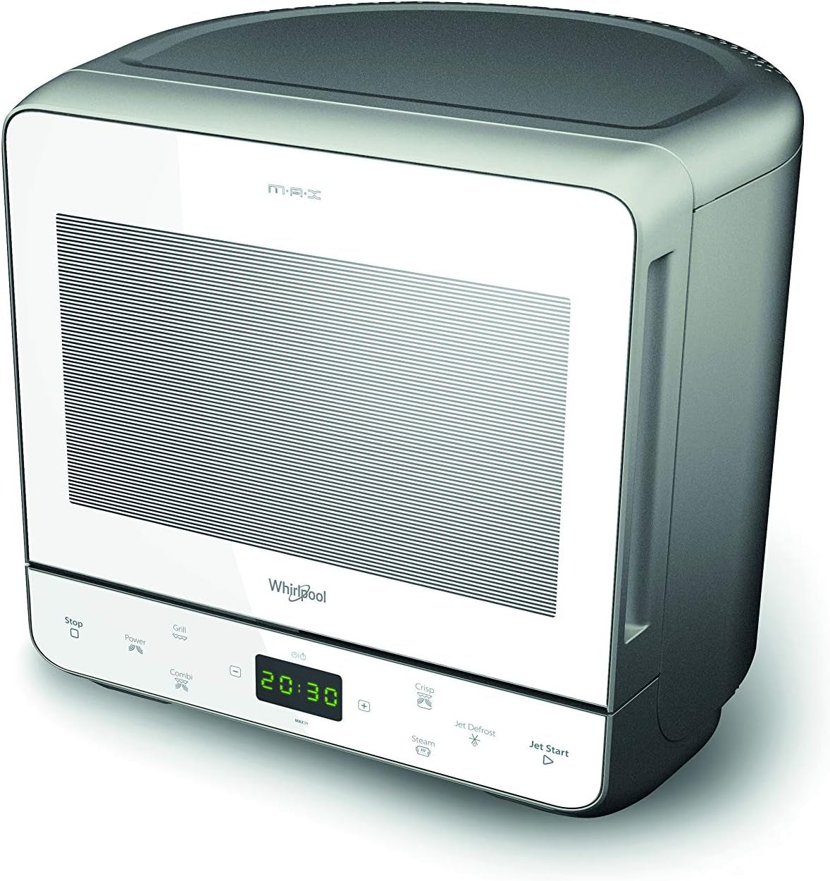 Whirlpool Max 39 WSL - Four À Micro-Ondes Et Grill, 13 Litres, Argenté, Avec Cuit-Vapeur, Grille Haute, Assiette Avec Poignée Amovible Pour Fonction Crisp, Silencieux (0 Décibel), En Acier, Blanc