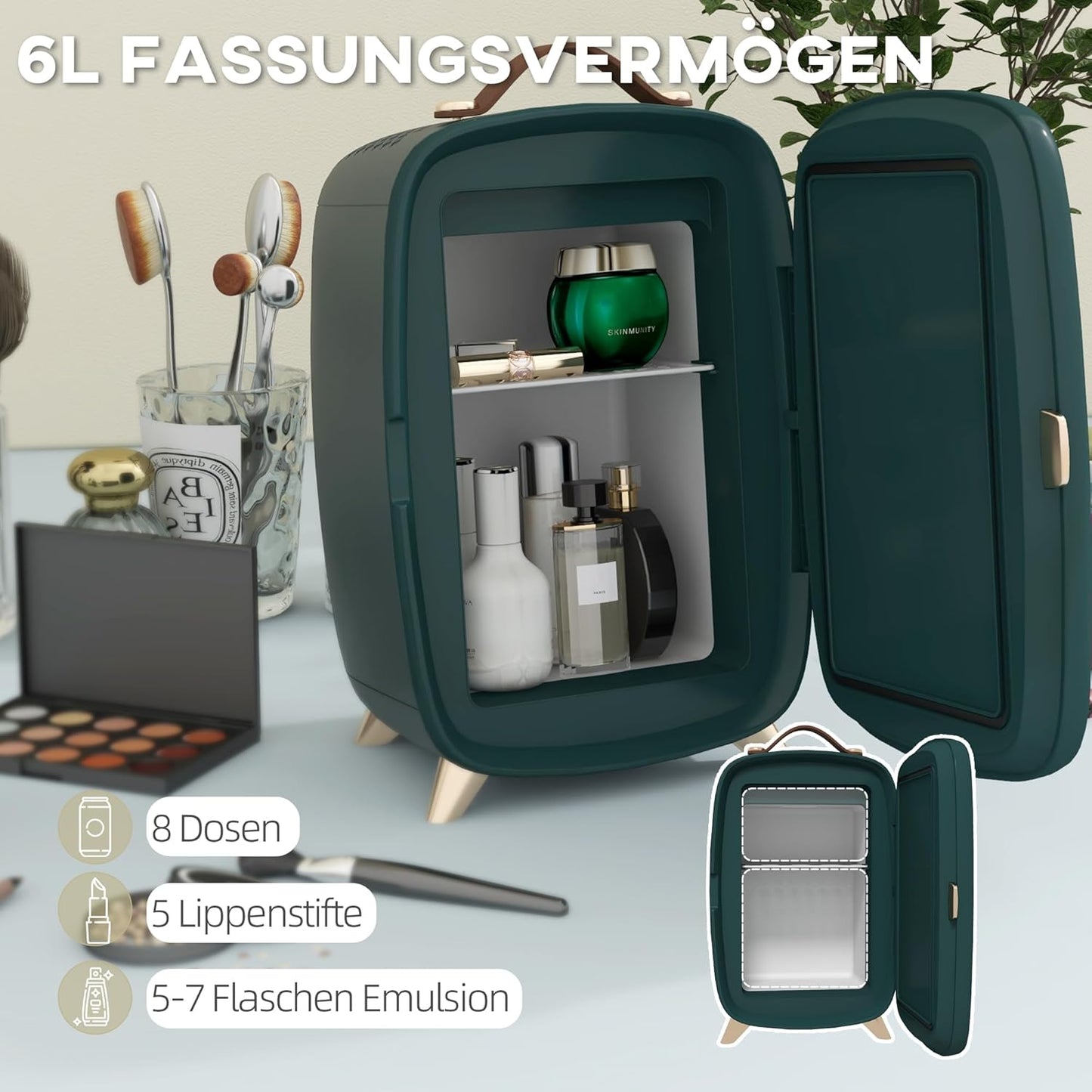 Mini Réfrigérateur 6 L - Réfrigérateur Cosmétique Avec Étagère De Rangement, Réfrigérateur De Beauté Avec Poignée, Pieds Pour Cosmétiques, Boissons, Vert Foncé