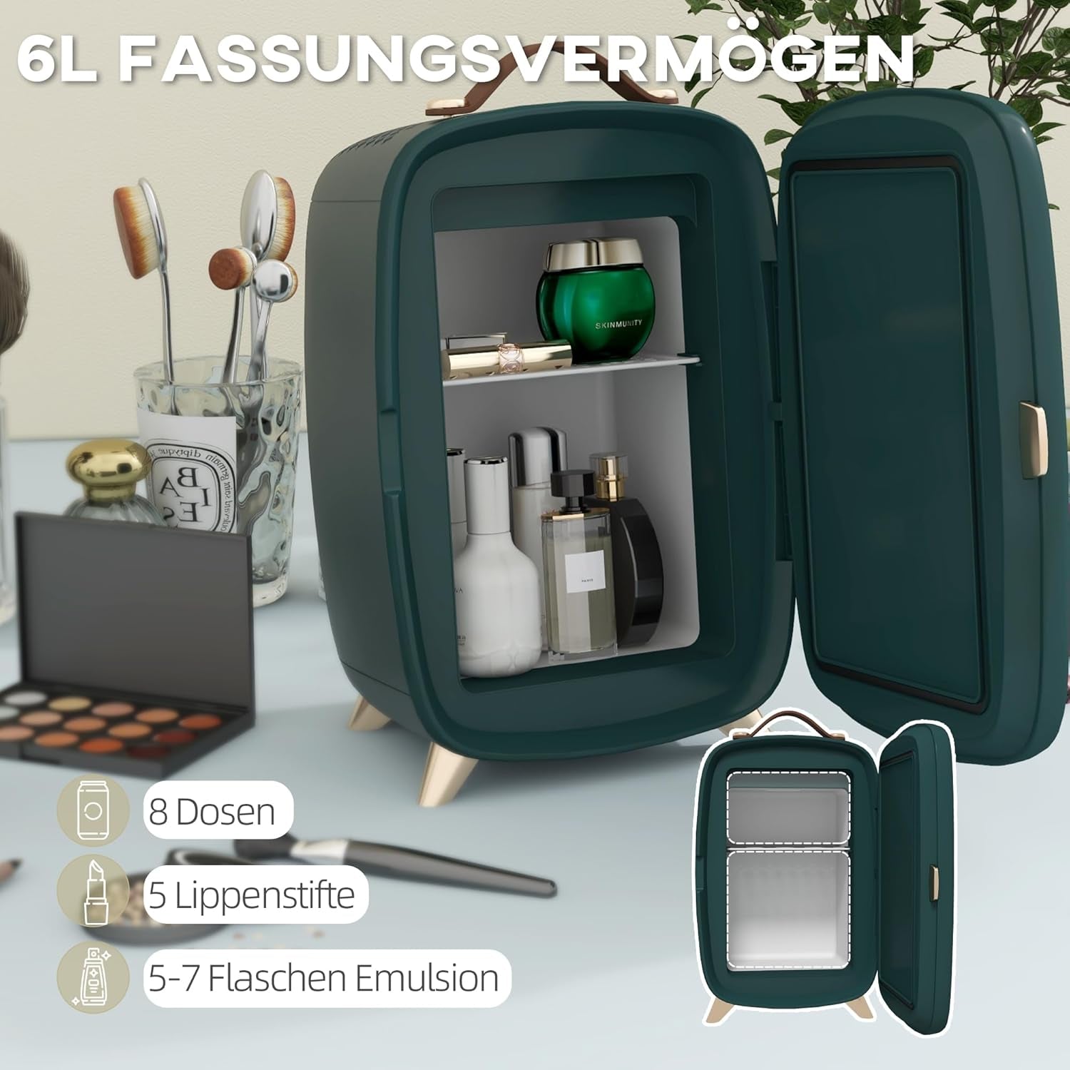Mini Réfrigérateur 6 L - Réfrigérateur Cosmétique Avec Étagère De Rangement, Réfrigérateur De Beauté Avec Poignée, Pieds Pour Cosmétiques, Boissons, Vert Foncé