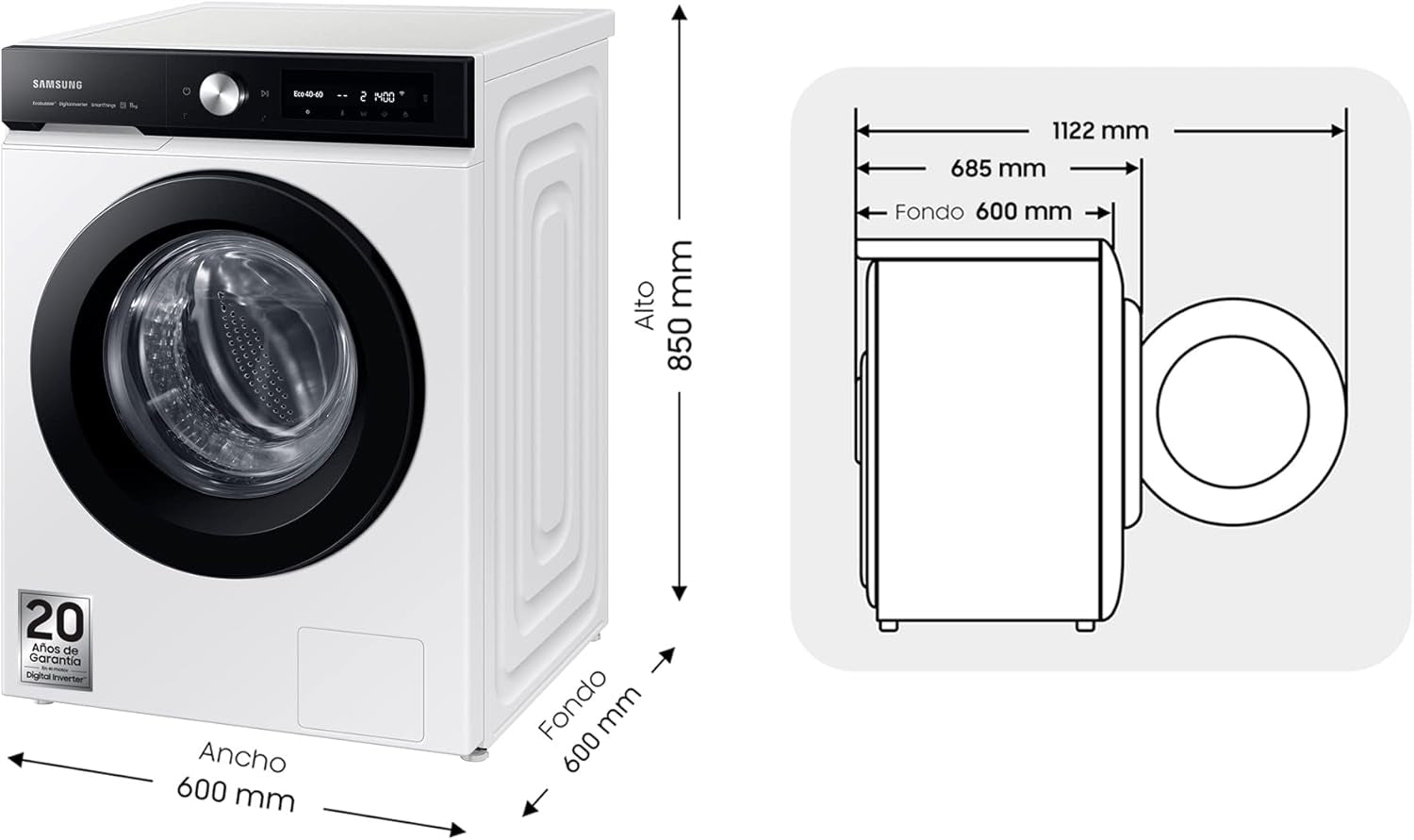 Machine À Laver Avec Technologie Spacemax™, 11 Kg, 1 400 Tr/Min, Efficacité Énergétique A, Intelligence Artificielle Et Smartthings™, AI Ecobubble, Doseur Automatique, Programmes De Vapeur,