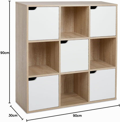 Bibliothèque 9 Casiers, 4 Ouverts + 5 Portes, Chêne, 90X30X90 Cm | Structure En Bois Massif. Exposez Et Rangez Vos Affaires. Idéal Salon, Bureau, Étude. Gain De Place.