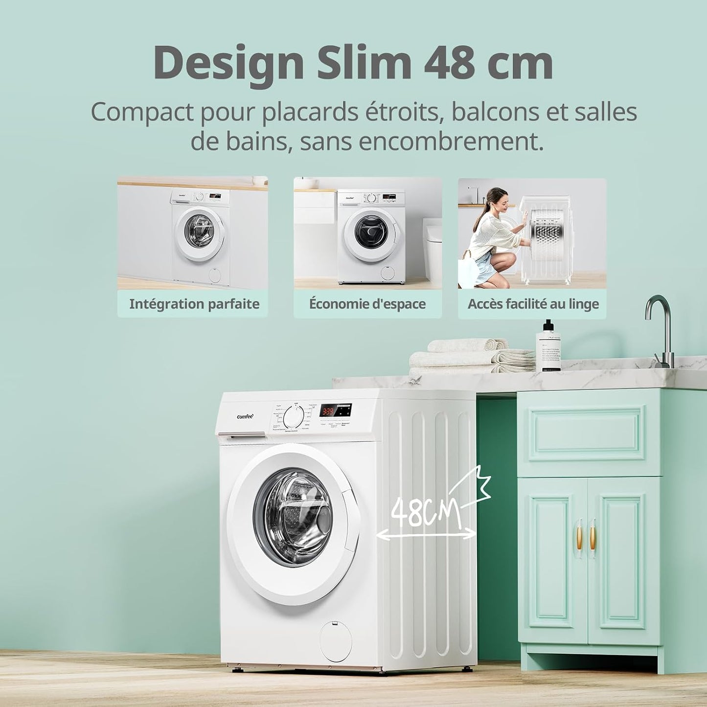' Lave-Linge 8KG Classe a Moteur BLDC 1400RPM Blanc CFE12EW80/W-FR | 15 Programmes, Prélavage, Lavage À La Lapeur, Lavage Rapide, Design Slim 48 Cm, Frontal Machine À Laver
