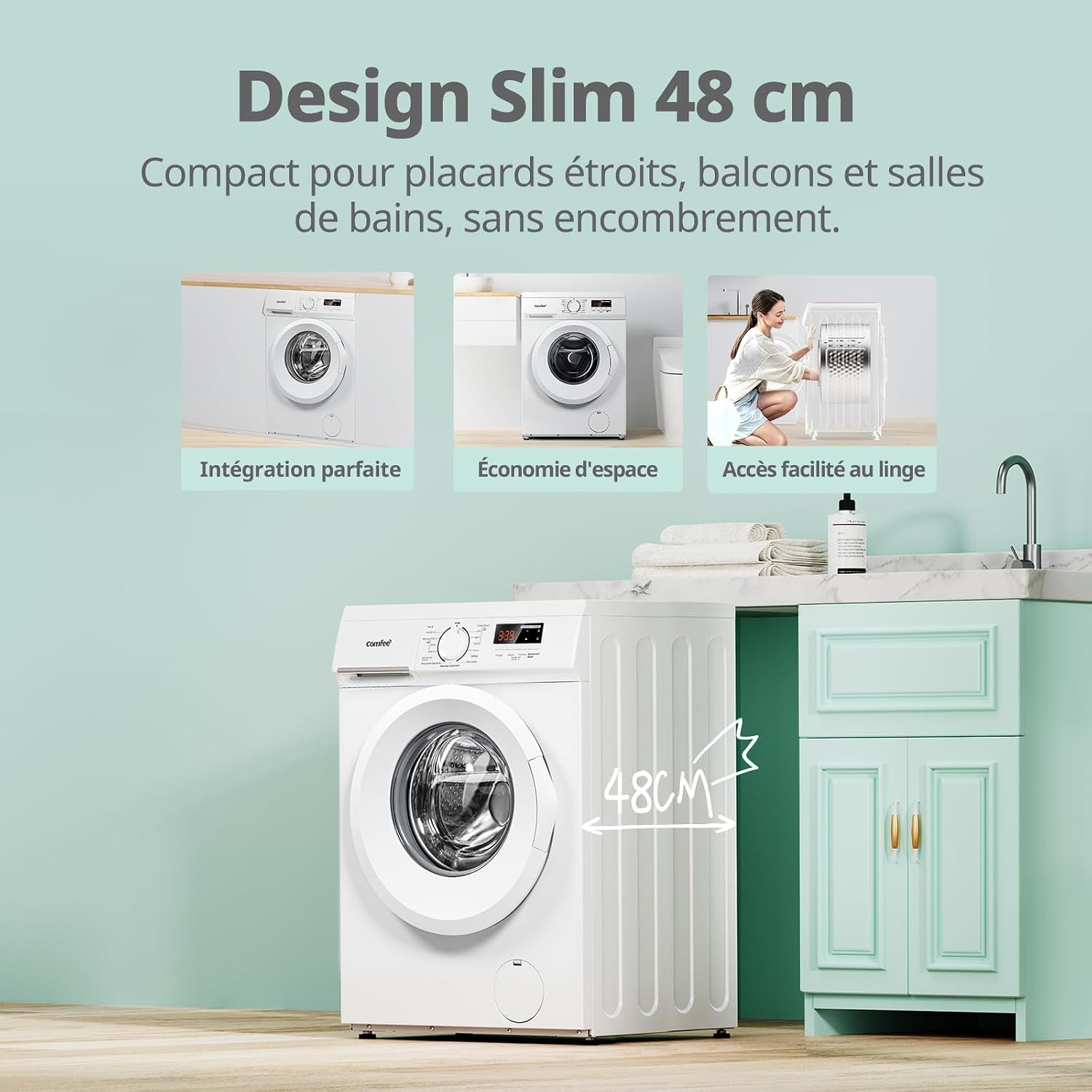 ' Lave-Linge 8KG Classe a Moteur BLDC 1400RPM Blanc CFE12EW80/W-FR | 15 Programmes, Prélavage, Lavage À La Lapeur, Lavage Rapide, Design Slim 48 Cm, Frontal Machine À Laver