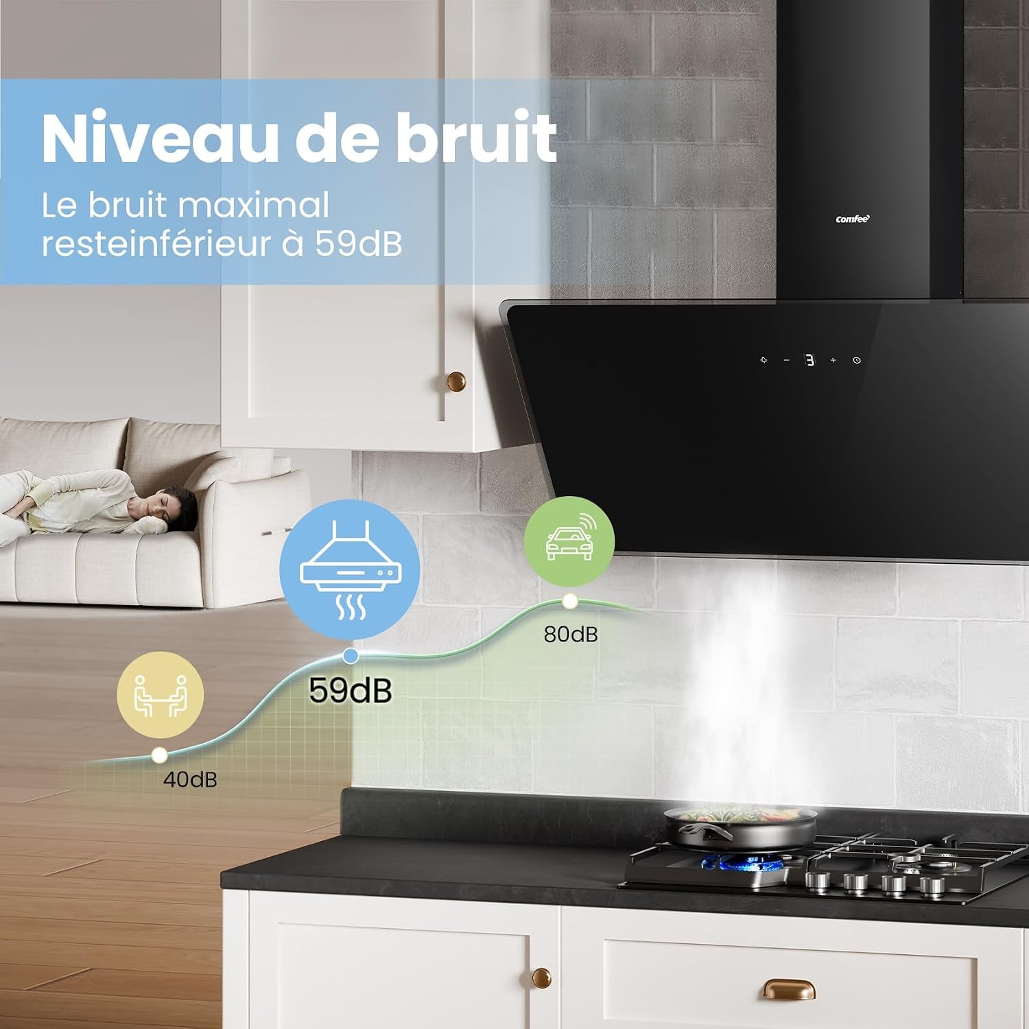 ' CH90J64ET4A2B2-EU Hotte Aspirante Inclinée, 620M³/H, 90Cm, A++ | 59 Db, Commande Tactile, 4 Vitesses, Recirculation Et Évacuation, Filtre Aluminium 5 Couches, LED, Noir, Verre Trempé