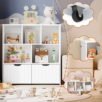 Étagère À Jouets, Bibliothèque Avec 2 Tiroirs Mobiles Indépendants Et 5 Compartiments De Stockage, Meuble De Rangement Multifonctionnel, Pour Salon, Chambre, Salle De Jeux, Blanc EWT88CW01