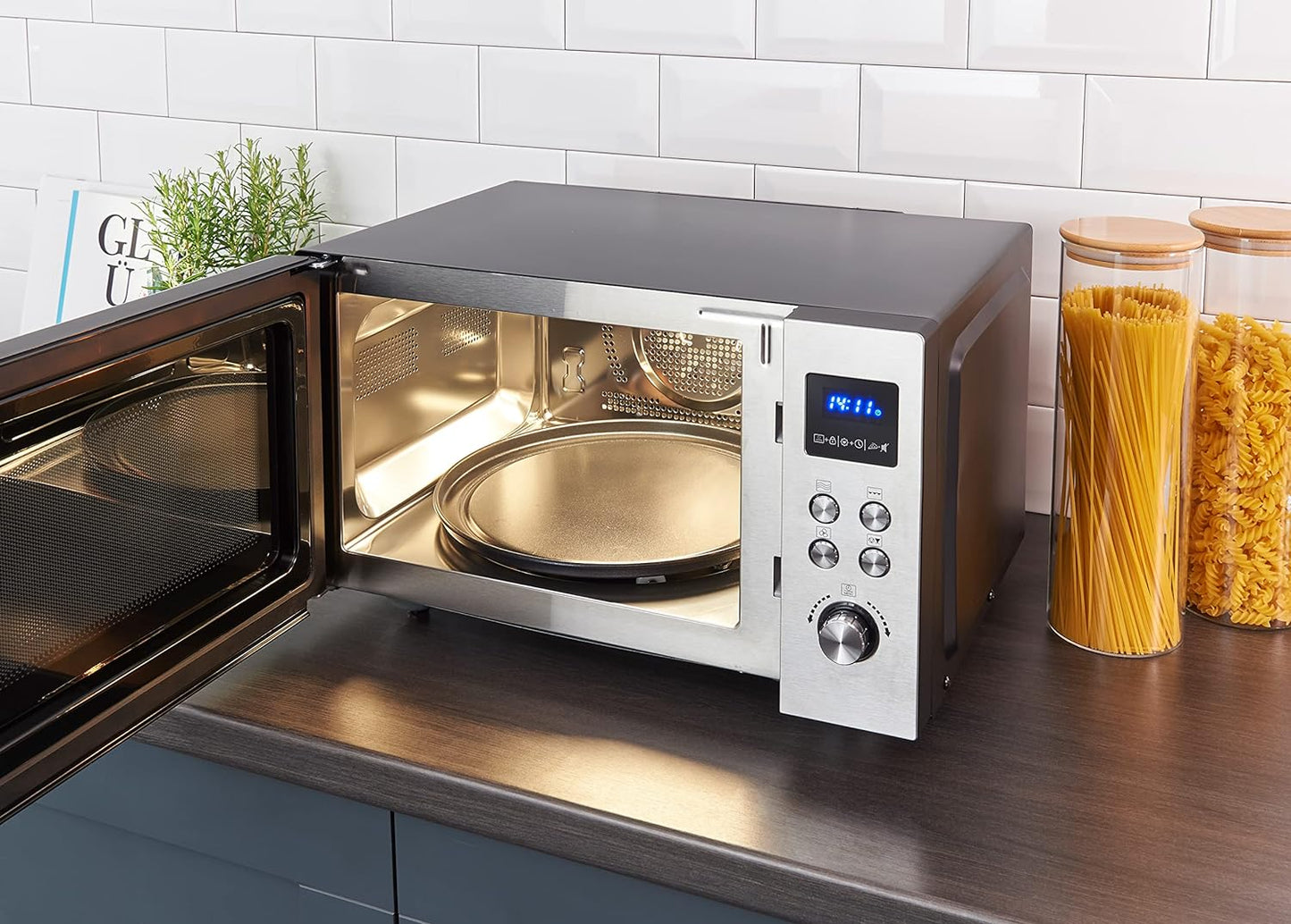 Micro-Ondes 4 En 1, 25 L, Double Gril, Mini Four Avec Fonction Pizza-Express, Micro-Ondes Avec Chaleur Tournante Jusqu'À 230 °C, Inox/Noir Mat, MW 7778