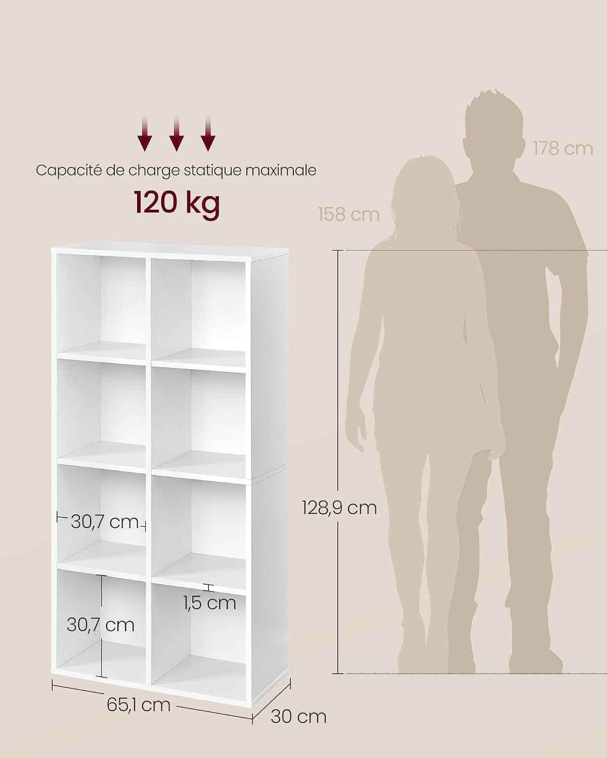 Custos Collection - Bibliothèque En Bois, Étagère De Rangement, Meuble De Rangement Cube, 65,8 X 30 X 130 Cm, 1 Pièce, Pour Salon Bureau, Blanc Custos LBC024WTV2