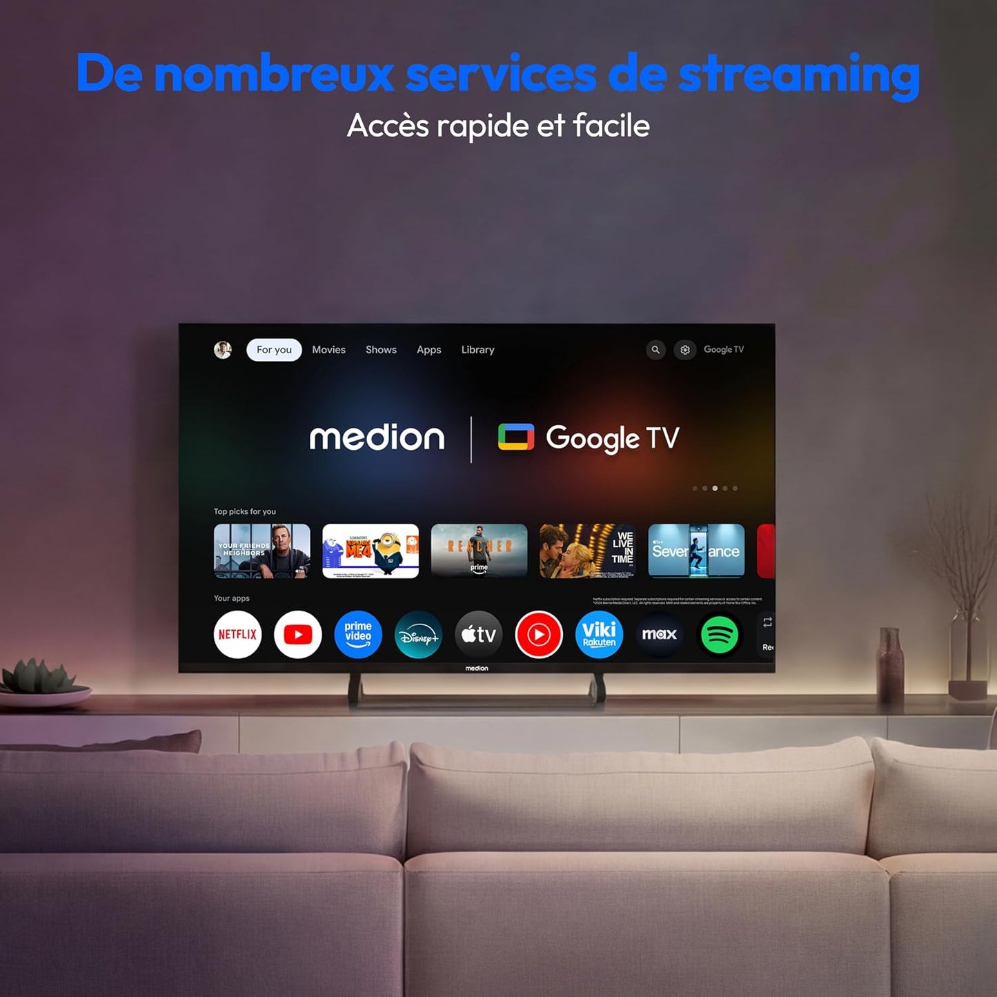 125.7 Cm 50" Téléviseur Ultra HD Smart TV 4K Dolby Vision HDR Prime Video Disney+ Compatible Google TV PVR Bluetooth, MD850401