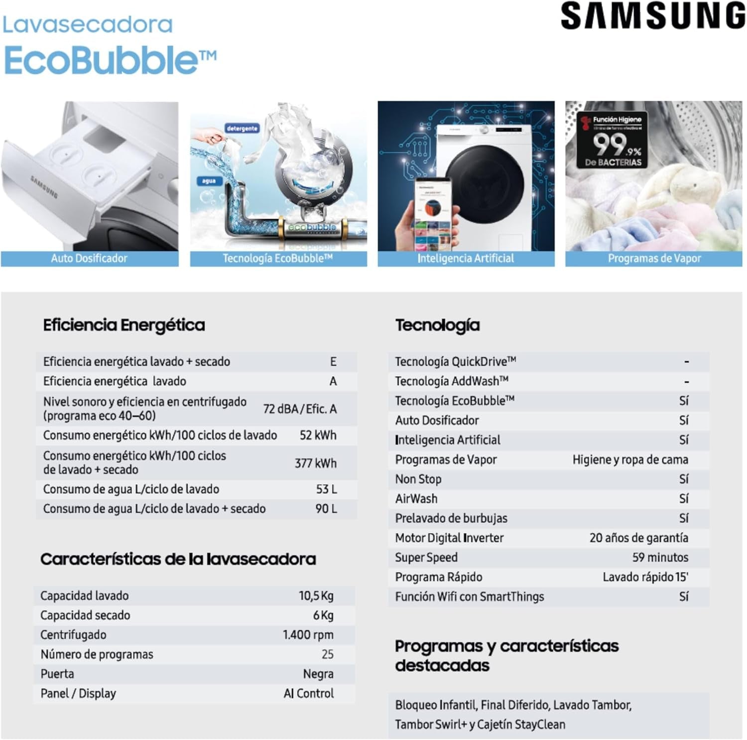 Appliances WD10T534DBW / S3 Laveuse Sécheuse 10 Kg, 1400 Tr/Min, Blanc