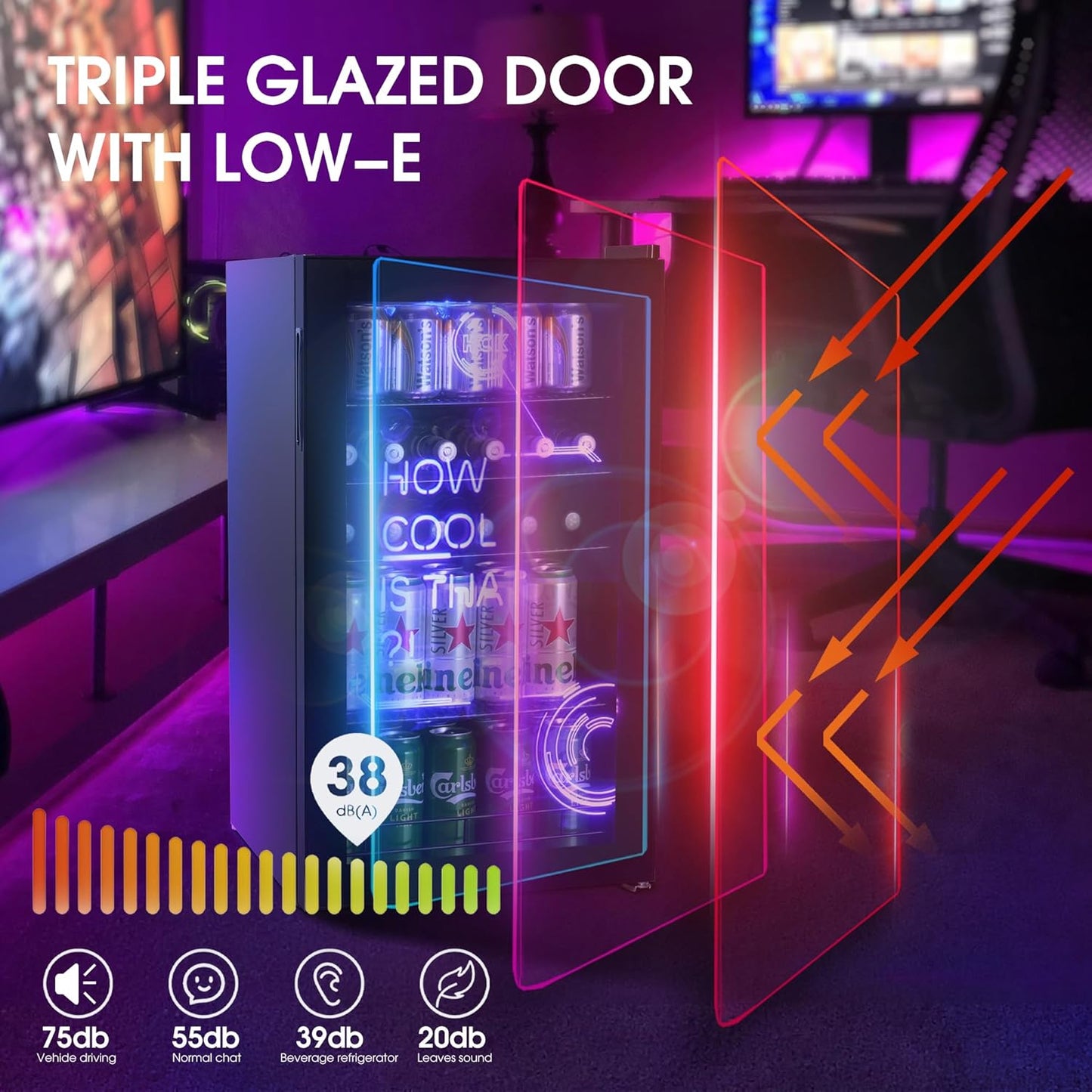 Réfrigérateur Pour Boissons, Mini Frigo Avec Éclairage Moderne Cyberpunk, 98L Petit Frigo Silencieux De 0-10°C, Mini Bar Intérieur, Pour Salle De Jeux, Fête, Noir.