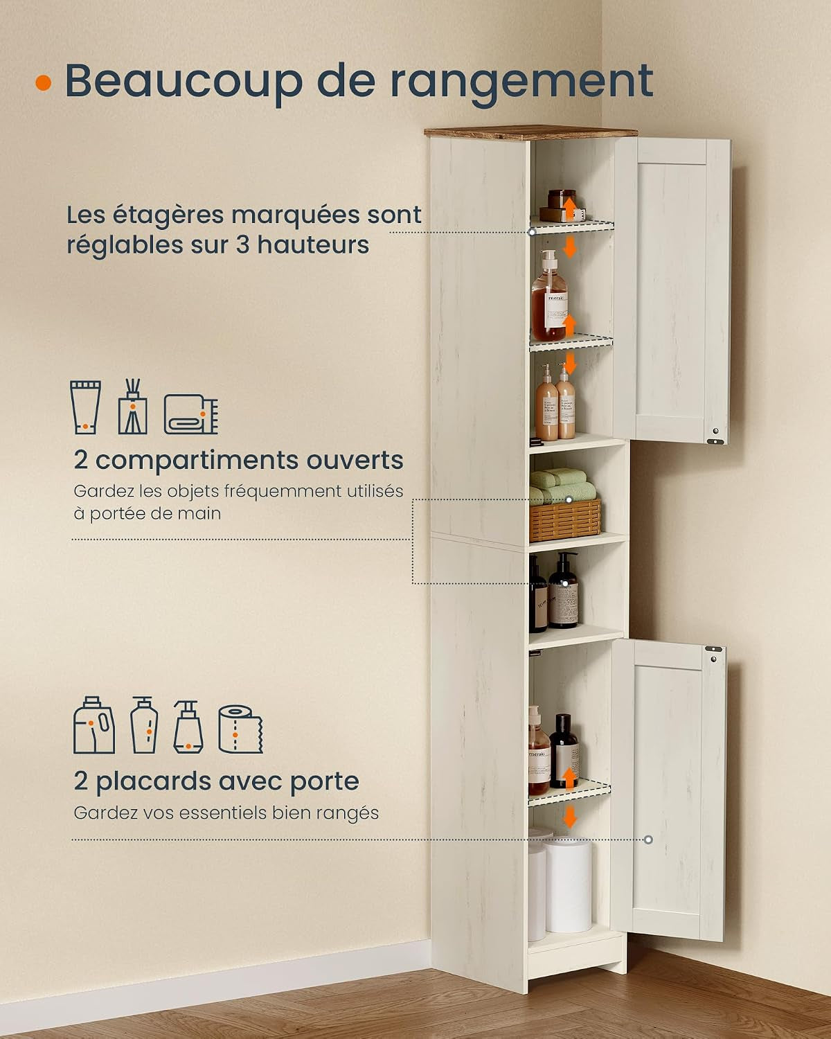 Meuble De Salle De Bain Haut, Snapsemble Montage Super Rapide, Colonne De Rangement, Avec Étagères Réglables, Pour Salon, Entrée, 30 X 30 X 170 Cm, Blanc Rustique BBC667WJ01 | Armoire De Rangement Avec Étagères Réglables, 30 X 30 X 170 Cm, Pour Petit Espace, Blanc, Collection HOPU BBC667WJ01