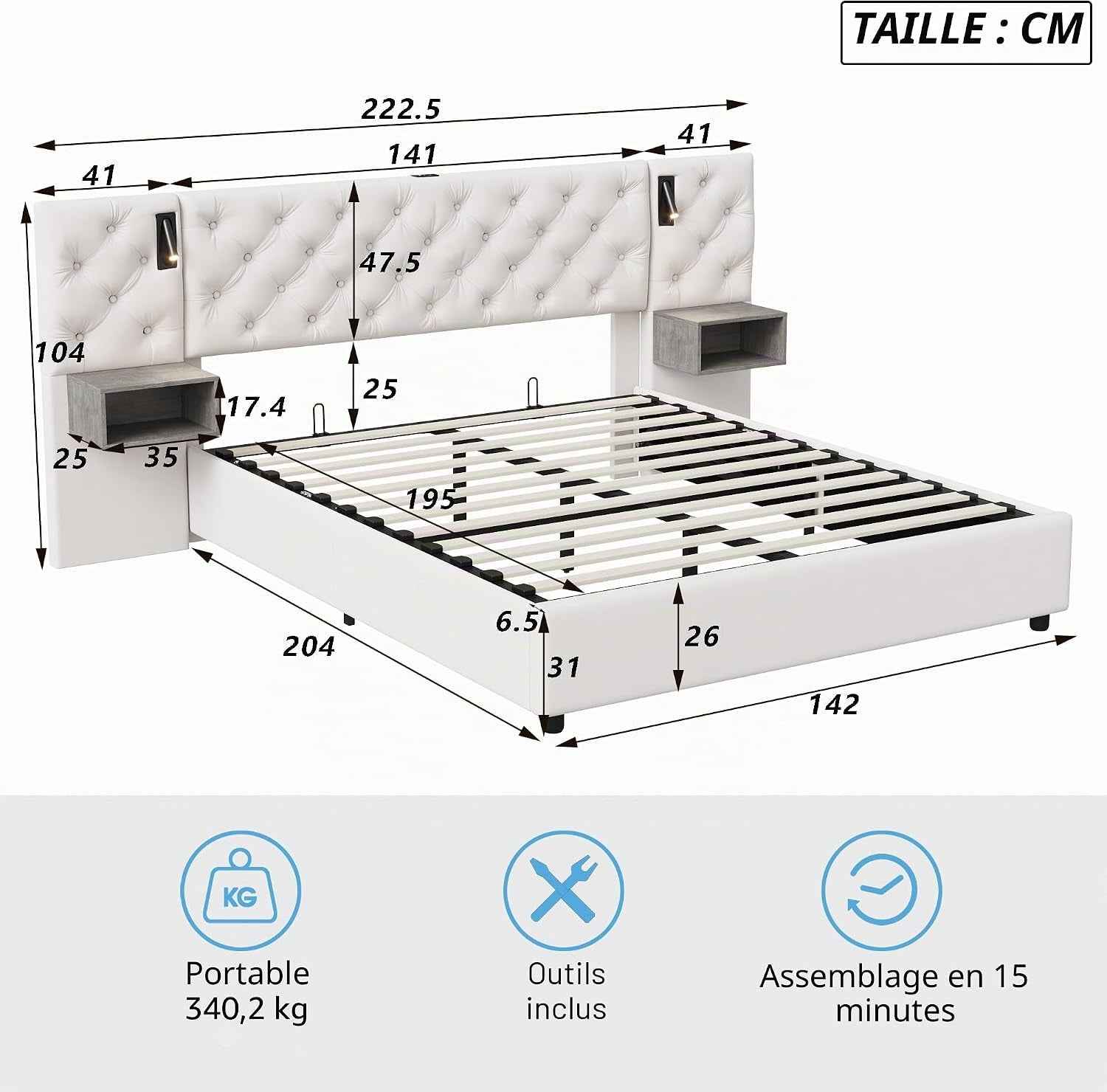 Lit Coffre 140X200 Cm Avec Sommier, Lit Complet En Velours Avec Tables De Chevet, Lit Double Avec Lampes De Lecture, Tête De Lit Avec USB Et USB-C, Pour Adultes (Blanc Cassé, 140 X 200 Cm)