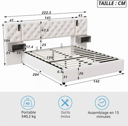 Lit Coffre 140X200 Cm Avec Sommier, Lit Complet En Velours Avec Tables De Chevet, Lit Double Avec Lampes De Lecture, Tête De Lit Avec USB Et USB-C, Pour Adultes (Blanc Cassé, 140 X 200 Cm)