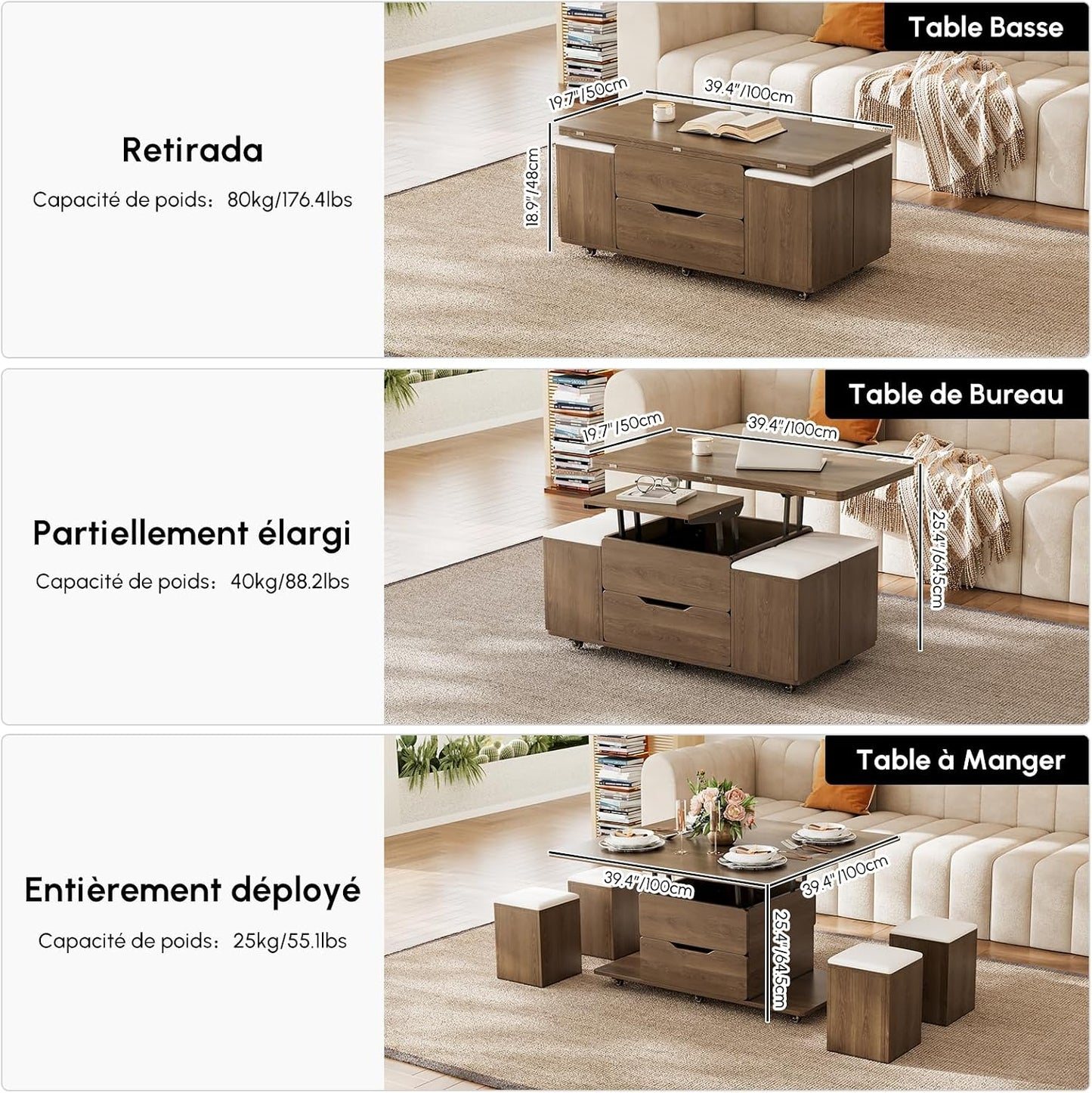 Table Basse Relevable En Bois Avec 4 Chaises Cachées Moelleuses, Tournante Hydraulique, Mode Bureau Salle À Manger, Rangement Intégré, Meuble Moderne Multi-Fonction Noir Noyer