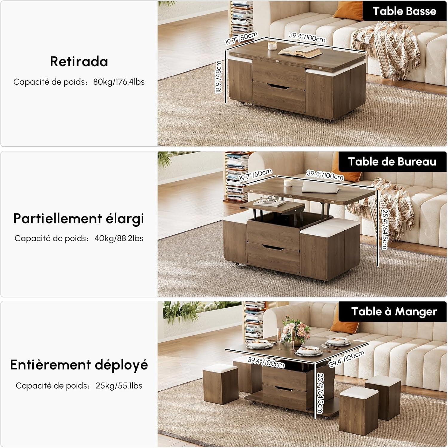 Table Basse Relevable En Bois Avec 4 Chaises Cachées Moelleuses, Tournante Hydraulique, Mode Bureau Salle À Manger, Rangement Intégré, Meuble Moderne Multi-Fonction Noir Noyer