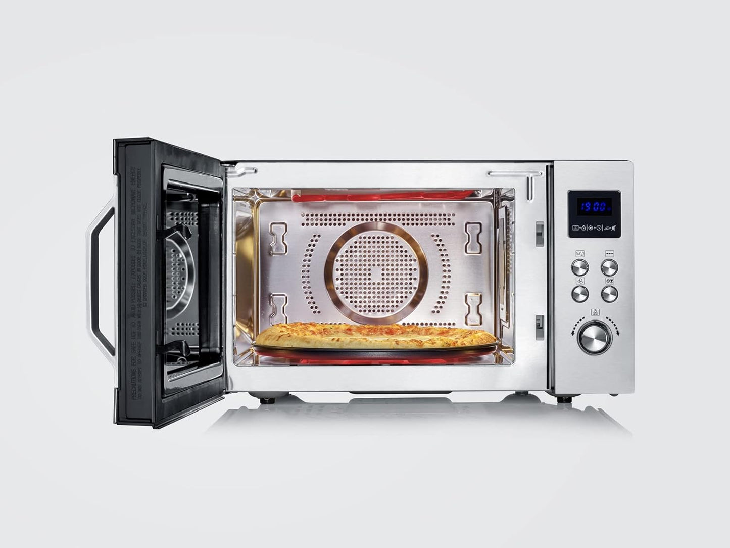 Micro-Ondes 4 En 1, 25 L, Double Gril, Mini Four Avec Fonction Pizza-Express, Micro-Ondes Avec Chaleur Tournante Jusqu'À 230 °C, Inox/Noir Mat, MW 7778
