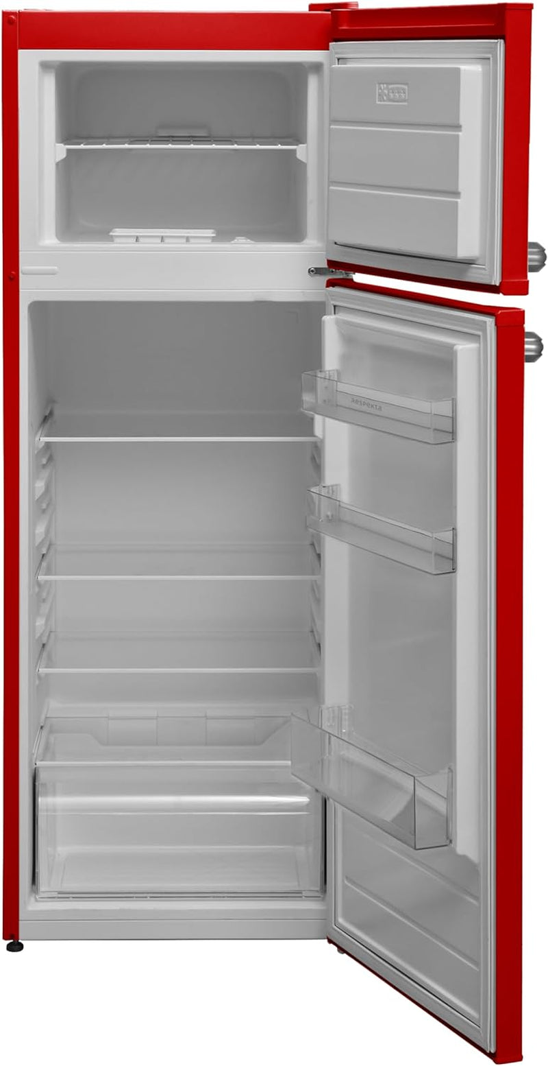 Respekta Réfrigérateur Rétro Avec Congélateur Haut / 145 X 54 Cm / 213 L / Pieds Réglables En Hauteur / Mode Hiver / Fonction Congélation Rapide / KS144VR / En Rouge
