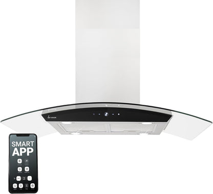 Hotte Aspirante Cuisine 90 Cm | Hotte Îlot | Acier Inoxydable | Verre Noir | Wifi | Arrête Automatiquement | Opération Tactile | SINUS-INSEL-HC