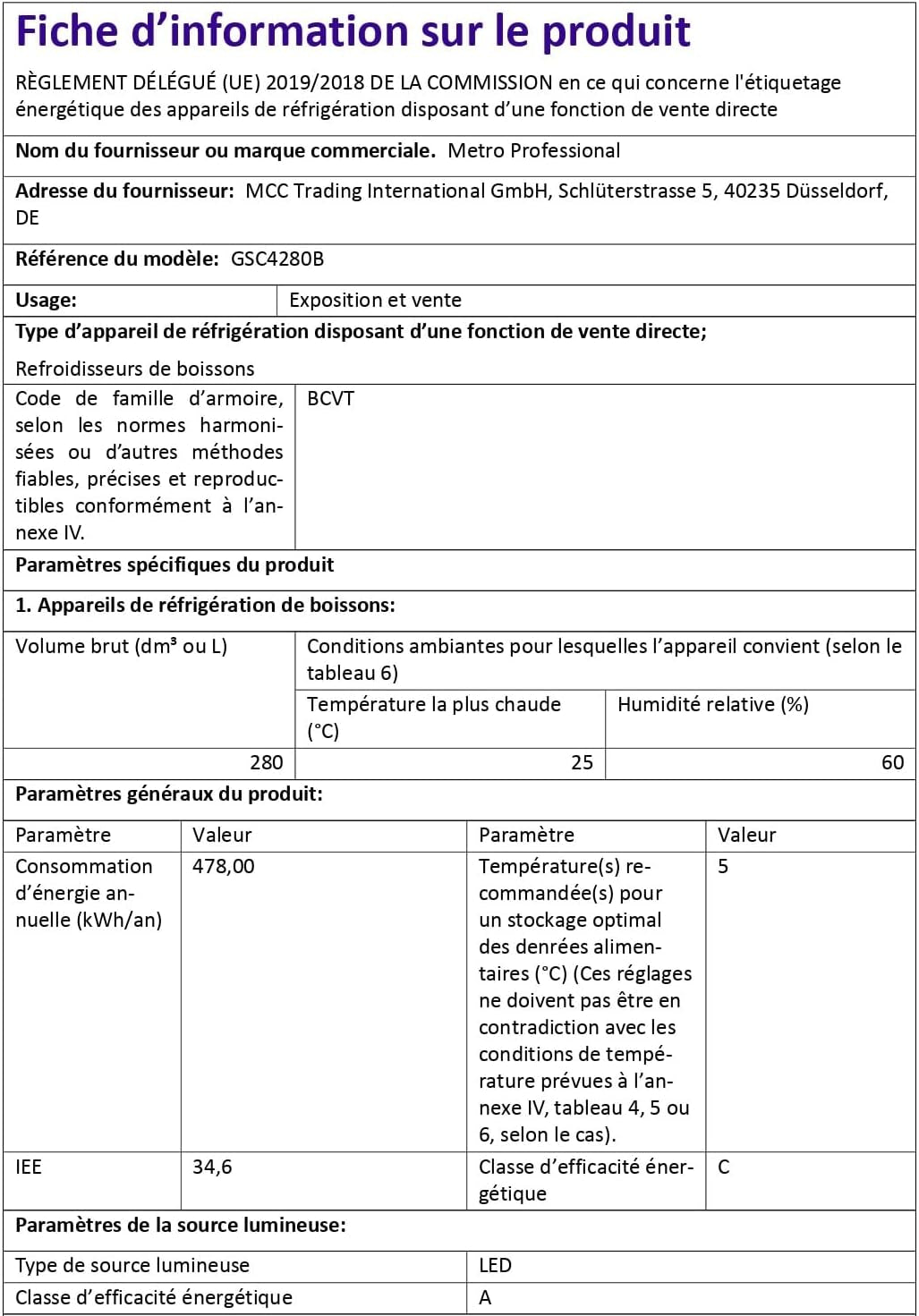 Réfrigérateur À Boissons GSC4280B, Vitrine Réfrigérée, 280 L, Réfrigération Ventilée, 210 W, Avec Serrure, Noir
