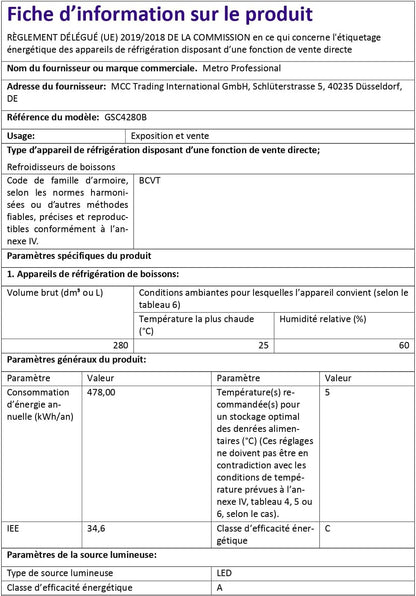 Réfrigérateur À Boissons GSC4280B, Vitrine Réfrigérée, 280 L, Réfrigération Ventilée, 210 W, Avec Serrure, Noir