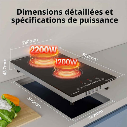Plaque Vitrocéramique 2 Feux Encastrable – 3400W, 9 Niveaux De Puissance, Minuteur, Arrêt Automatique, Verrouillage Enfant, Indication De Chaleur Résiduelle
