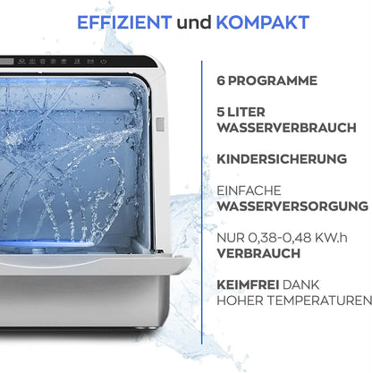 HEINRICHS Mini Lave-Vaisselle Portable Avec Réservoir D'Eau De 5 L, Utilisable Avec Ou Sans Raccordement D'Eau, Petit + Autonome Pour Bureau, Camping, Camping-Car, 6 Programmes