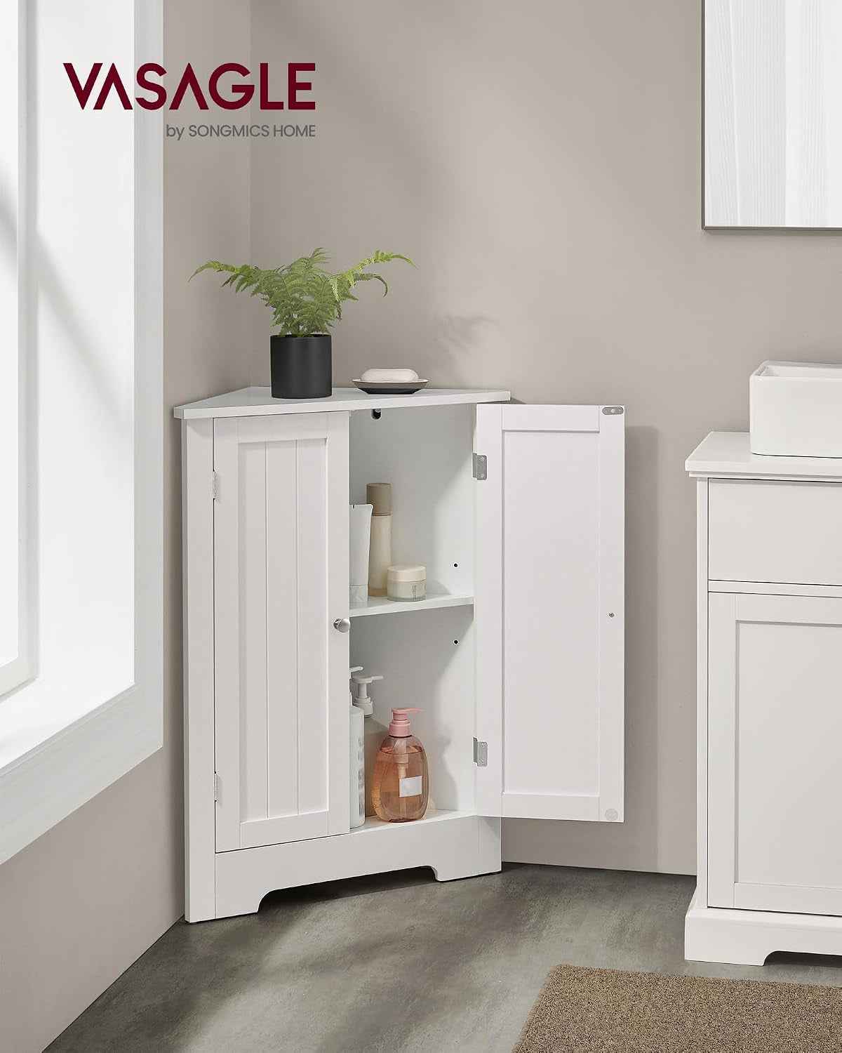 D’Angle, Meuble Portes Et Étagère Réglable, Pour Salle De Bain, Cuisine, Salon, Design Campagne Moderne, Blanc Nuage BBC844P31, 60 × 33,6 × 80 Cm
