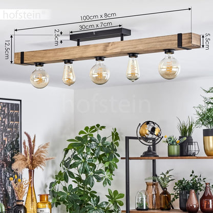 Plafonnier Montgomery, Plafonnier En Métal/Bois Noir/Naturel Avec Poutres En Bois (100 Cm), 5 X E27 Douille, Ampoule(S) Non Incluse(S)