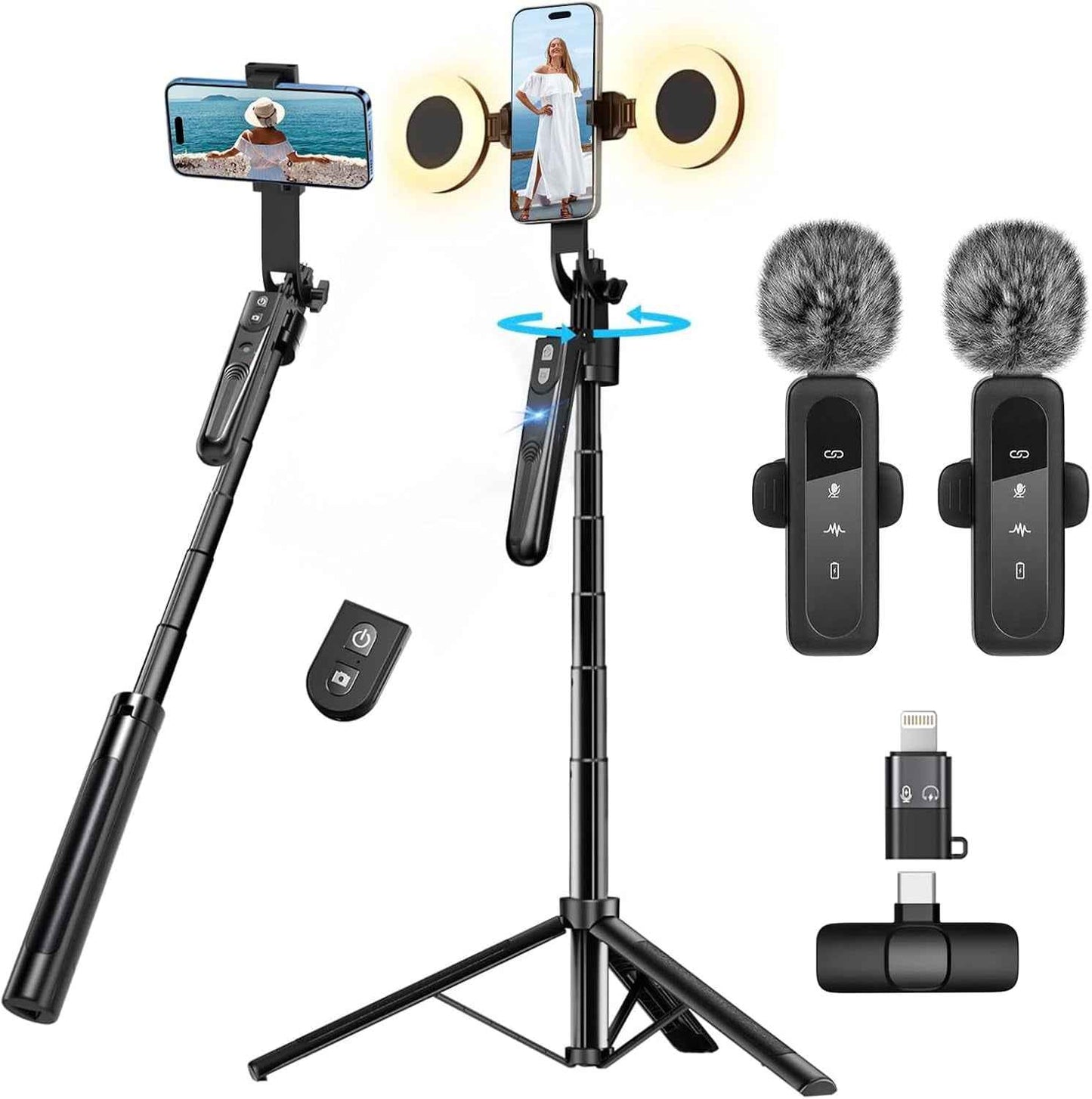 Kit De Vlogging Pour Créateur De Contenu Youtube Pour Iphone/Android, Trépied De 178 Cm Avec Suivi Automatique Du Visage Pour Iphone, Avec Éclairage Et Microphones Sans Fil, Kit De Démarrage Tiktok