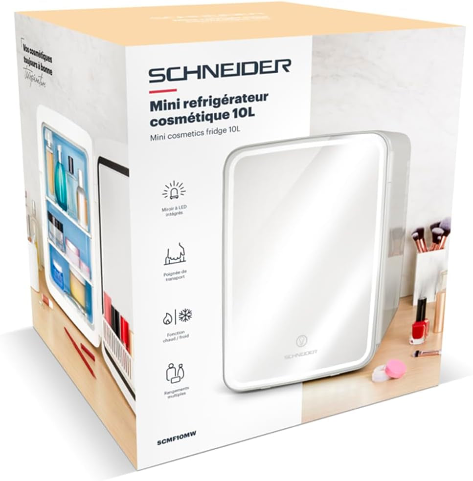 SCMF10W, Mini Frigo Cosmétique 9L, Refroidissement Et Chauffage, Miroir Avec LED, Etagères, Blanc