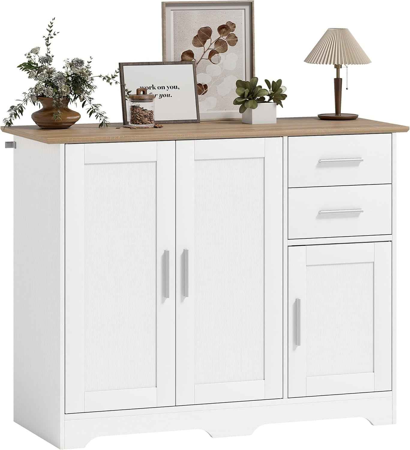 Buffet Salon 2 Tiroirs 3 Portes 100 X 40 X 78 Cm Blanc Bois Naturel | Meuble De Rangement, Étagère Réglable, Style Contemporain, Buffet Salle À Manger Et Cuisine