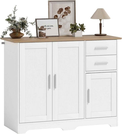 Buffet Salon 2 Tiroirs 3 Portes 100 X 40 X 78 Cm Blanc Bois Naturel | Meuble De Rangement, Étagère Réglable, Style Contemporain, Buffet Salle À Manger Et Cuisine