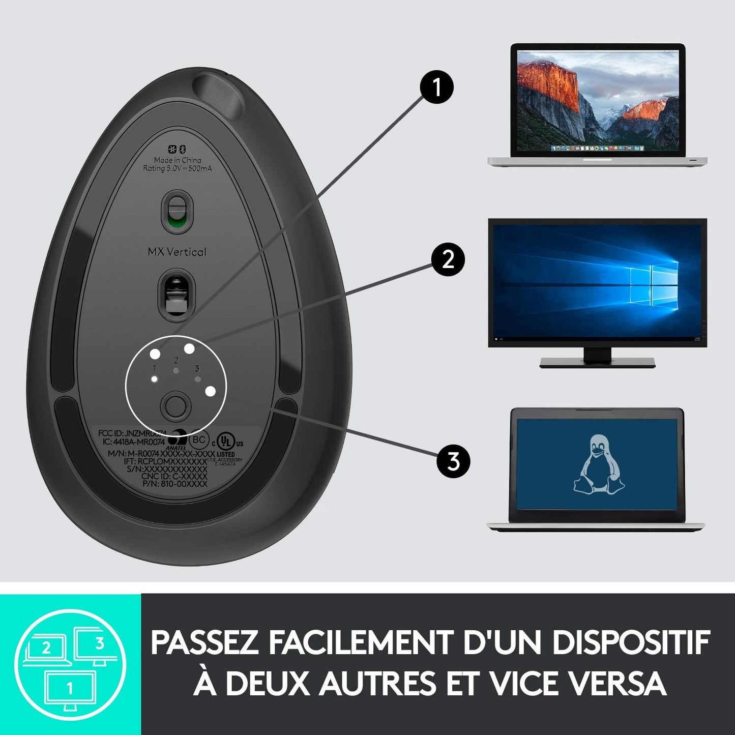 MX Vertical Souris Ergonomique Sans Fil | Multi-Dispositifs, Bluetooth/2,4 Ghz, Récepteur USB Unifying, 4000 PPP, 4 Boutons, Charge Rapide, Pc/Mac/Ipad OS - Graphite