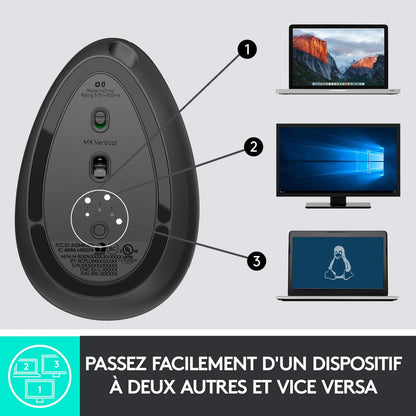 MX Vertical Souris Ergonomique Sans Fil | Multi-Dispositifs, Bluetooth/2,4 Ghz, Récepteur USB Unifying, 4000 PPP, 4 Boutons, Charge Rapide, Pc/Mac/Ipad OS - Graphite