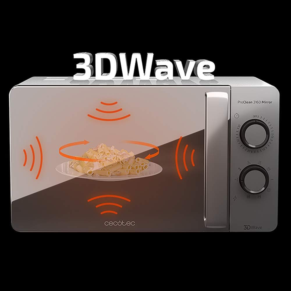 Micro-Ondes Proclean 3160. Revêtement Ready2Clean Pour Un Meilleur Nettoyage, Technologie 3D WAVE, Grill 800 W, 20 L. Design Élégant Avec Porte, 6 Niveaux, Argenté Miroir.
